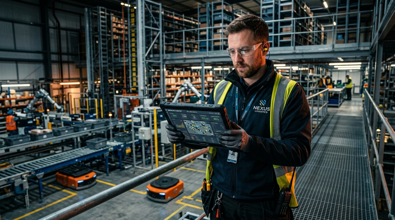 Rugged Handheld & Field Logistics Mobility|Logistics field operations specialist utilizing a ruggedized mobile tablet in an automated fulfillment center