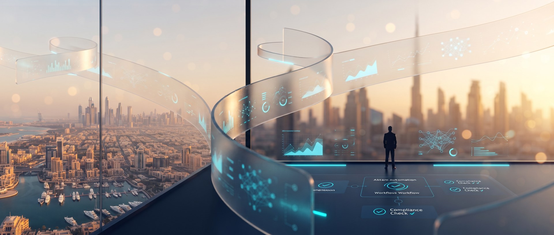 Panoramic financial command center overlooking Dubai skyline with winding transparent AI workflow ribbon
