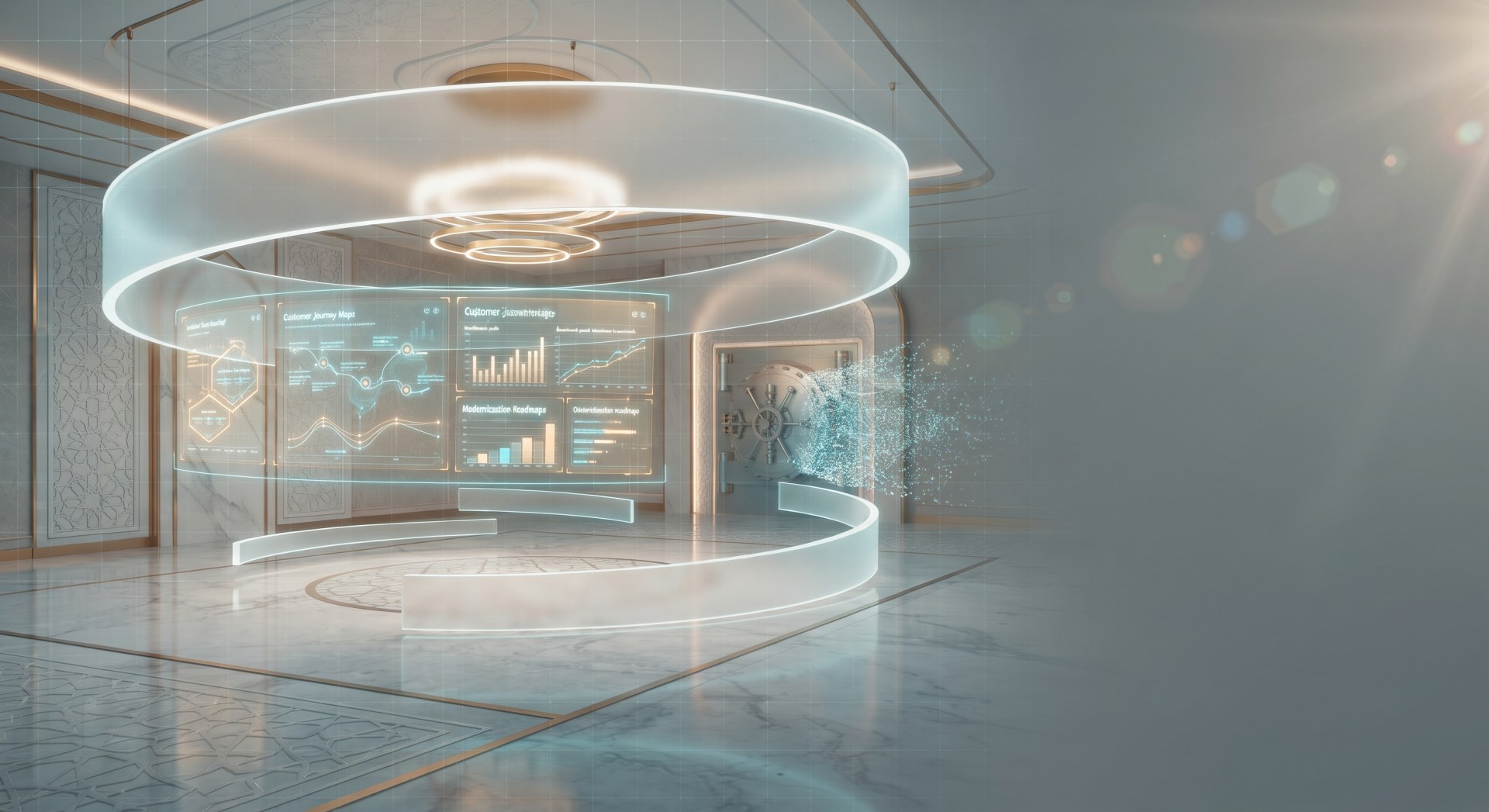 Modern digital banking vault intelligence center with curved glass holographic interfaces